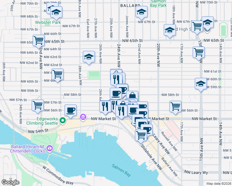 map of restaurants, bars, coffee shops, grocery stores, and more near in Seattle