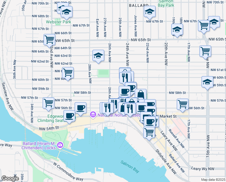 map of restaurants, bars, coffee shops, grocery stores, and more near 2443 Northwest 59th Street in Seattle