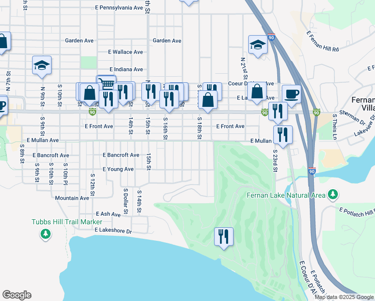map of restaurants, bars, coffee shops, grocery stores, and more near 302 South 17th Street in Coeur d'Alene