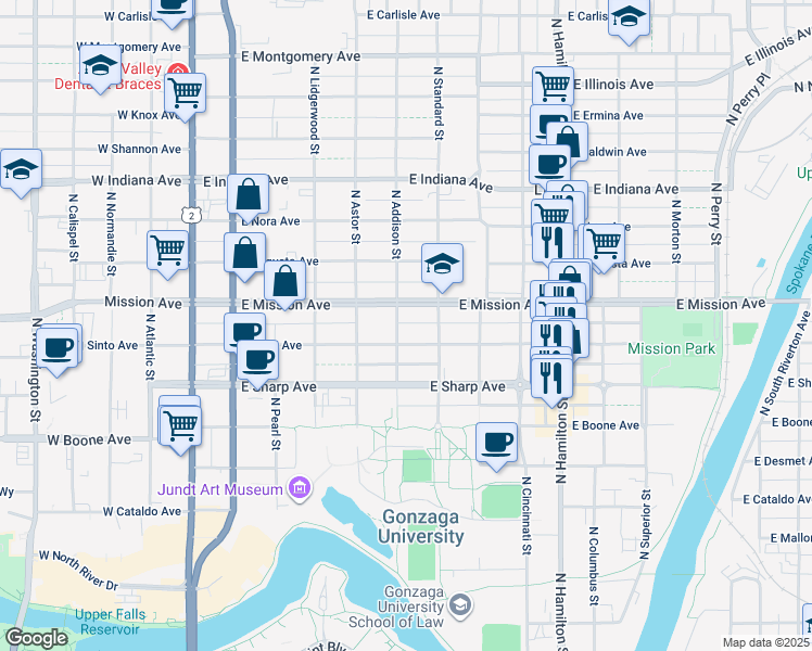 map of restaurants, bars, coffee shops, grocery stores, and more near 518 East Mission Avenue in Spokane