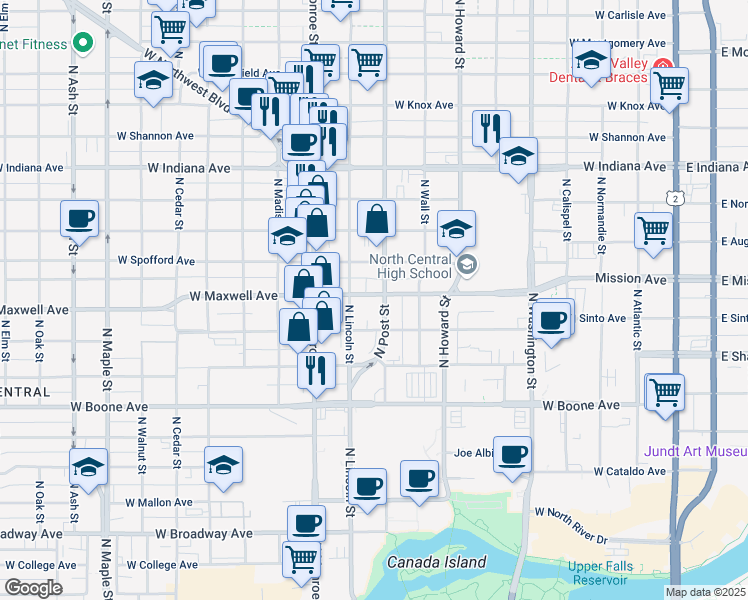 map of restaurants, bars, coffee shops, grocery stores, and more near 812 West Maxwell Avenue in Spokane