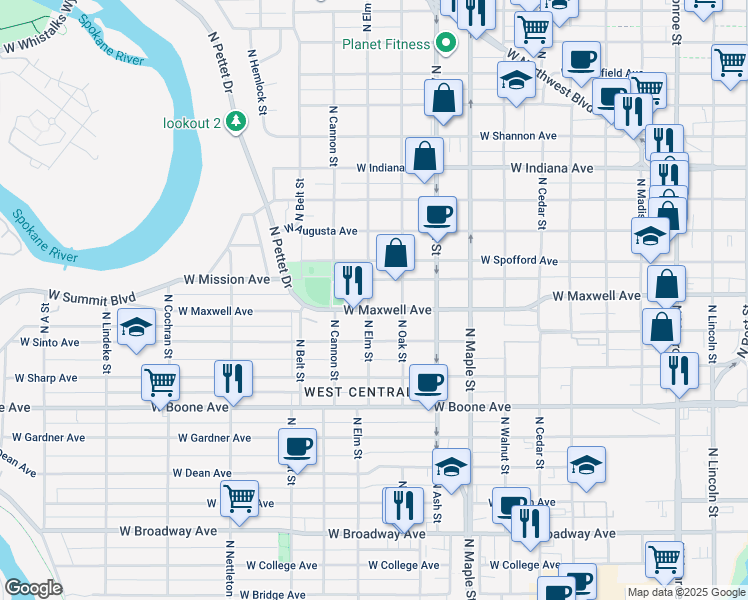 map of restaurants, bars, coffee shops, grocery stores, and more near 1823 West Mission Avenue in Spokane