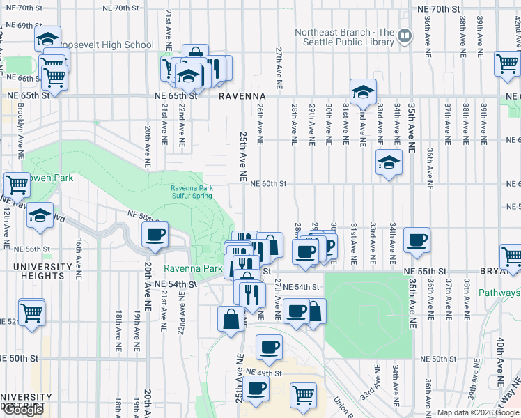 map of restaurants, bars, coffee shops, grocery stores, and more near 5750 26th Avenue Northeast in Seattle