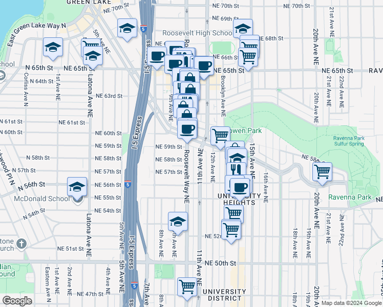 map of restaurants, bars, coffee shops, grocery stores, and more near 5826 Roosevelt Way Northeast in Seattle