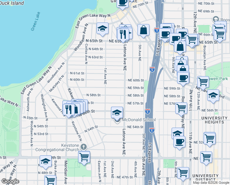 map of restaurants, bars, coffee shops, grocery stores, and more near 141 Northeast 59th Street in Seattle