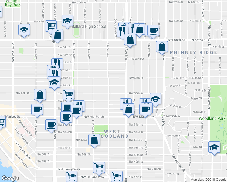 map of restaurants, bars, coffee shops, grocery stores, and more near 5816 9th Avenue Northwest in Seattle