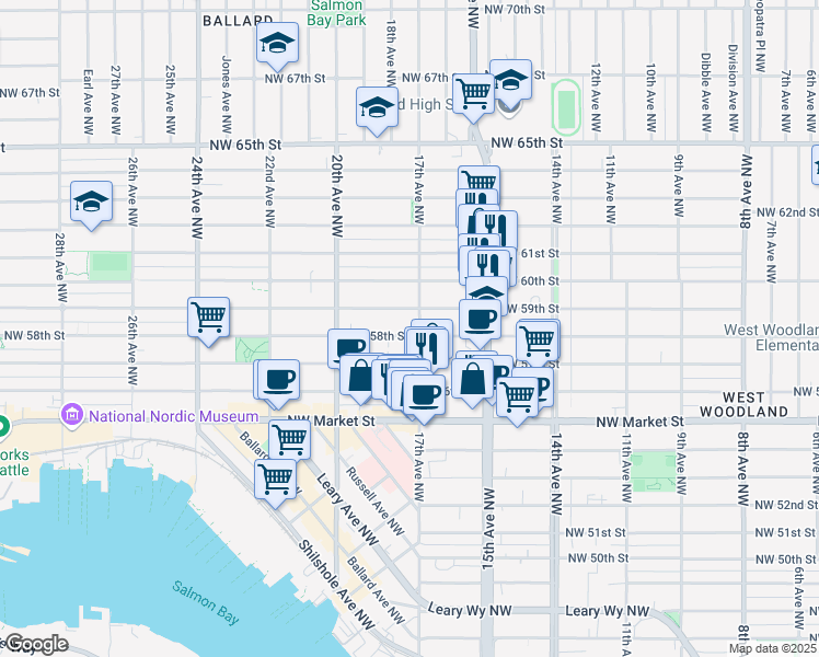 map of restaurants, bars, coffee shops, grocery stores, and more near 1705 Northwest 59th Street in Seattle