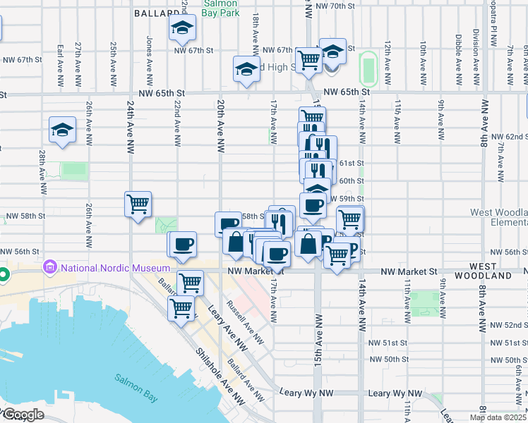 map of restaurants, bars, coffee shops, grocery stores, and more near 1705 Northwest 59th Street in Seattle