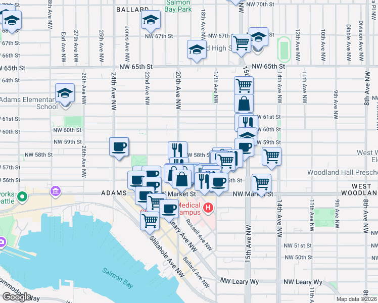map of restaurants, bars, coffee shops, grocery stores, and more near 1737 Northwest 59th Street in Seattle