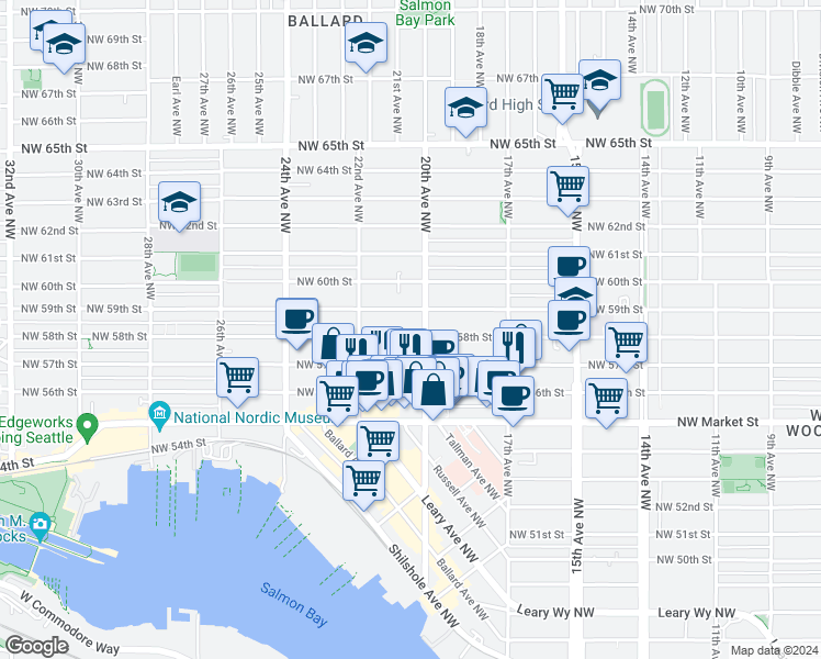 map of restaurants, bars, coffee shops, grocery stores, and more near 1771 Northwest 59th Street in Seattle