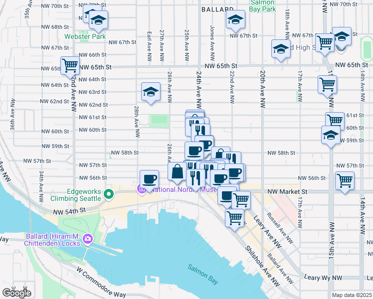 map of restaurants, bars, coffee shops, grocery stores, and more near in Seattle