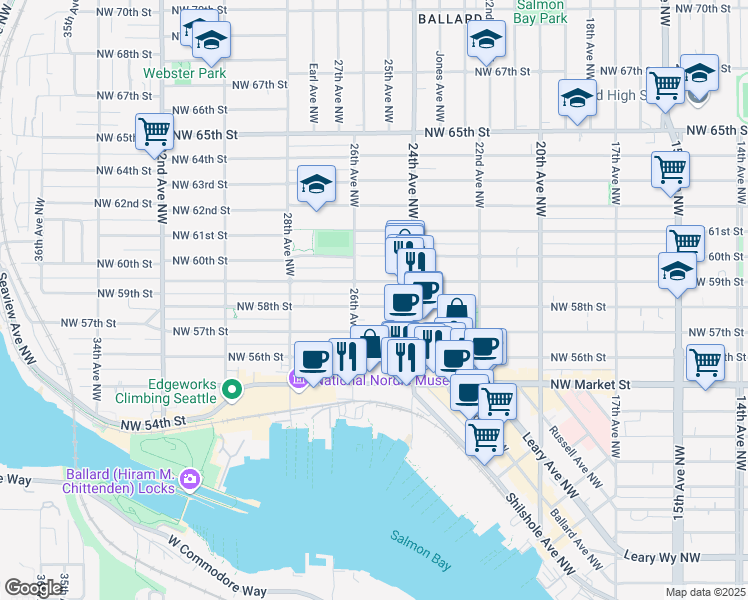 map of restaurants, bars, coffee shops, grocery stores, and more near 2443 Northwest 59th Street in Seattle