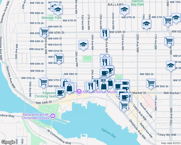 map of restaurants, bars, coffee shops, grocery stores, and more near 2617 Northwest 59th Street in Seattle