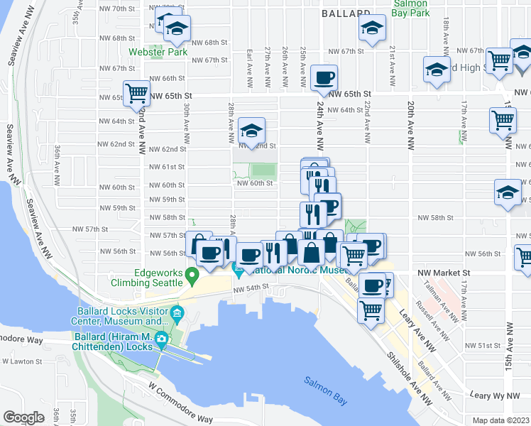 map of restaurants, bars, coffee shops, grocery stores, and more near 2617 Northwest 59th Street in Seattle