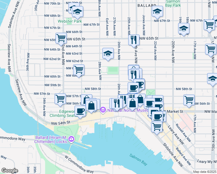 map of restaurants, bars, coffee shops, grocery stores, and more near 2617 Northwest 59th Street in Seattle