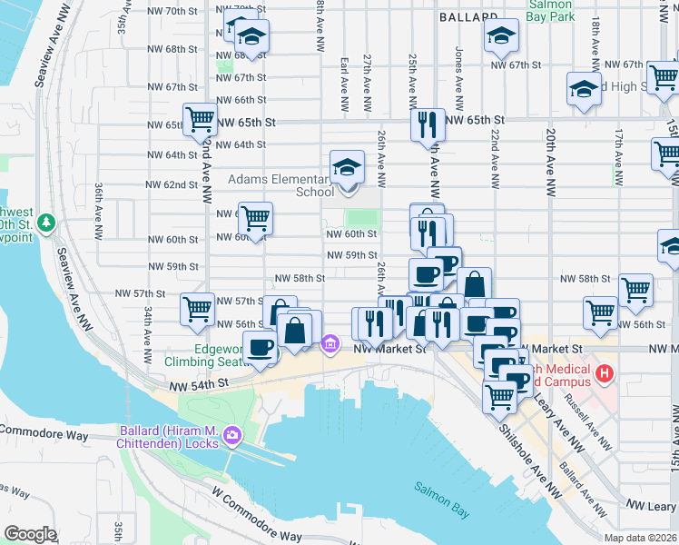 map of restaurants, bars, coffee shops, grocery stores, and more near 2657 Northwest 59th Street in Seattle
