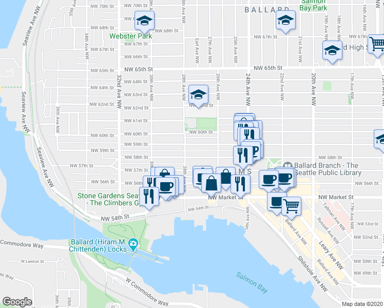 map of restaurants, bars, coffee shops, grocery stores, and more near 2657 Northwest 59th Street in Seattle