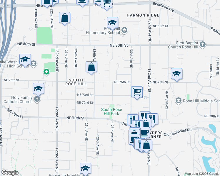 map of restaurants, bars, coffee shops, grocery stores, and more near 7321 128th Avenue Northeast in Kirkland