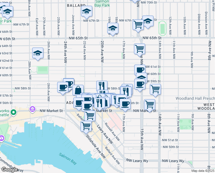 map of restaurants, bars, coffee shops, grocery stores, and more near 1756 Northwest 58th Street in Seattle