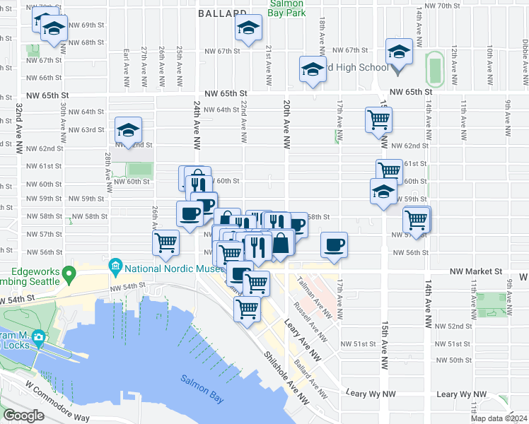 map of restaurants, bars, coffee shops, grocery stores, and more near 2028 Northwest 58th Street in Seattle