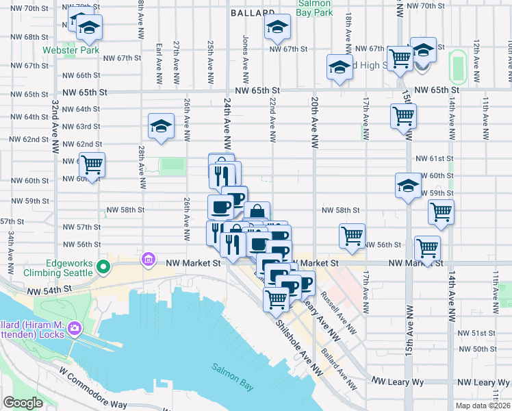 map of restaurants, bars, coffee shops, grocery stores, and more near 2222 Northwest 58th Street in Seattle