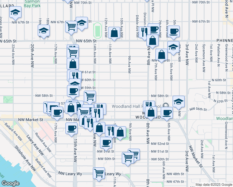map of restaurants, bars, coffee shops, grocery stores, and more near 933 Northwest 59th Street in Seattle