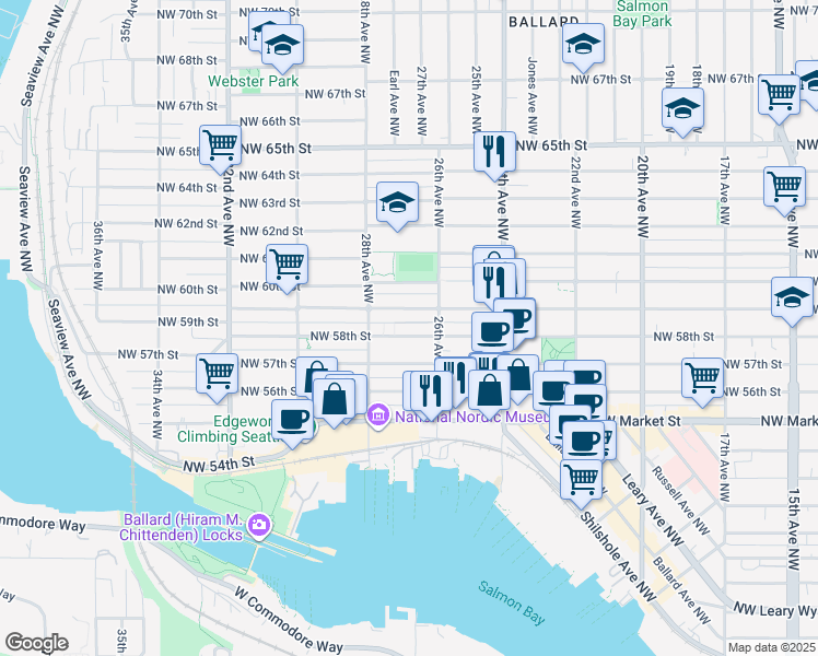map of restaurants, bars, coffee shops, grocery stores, and more near 2626 Northwest 58th Street in Seattle