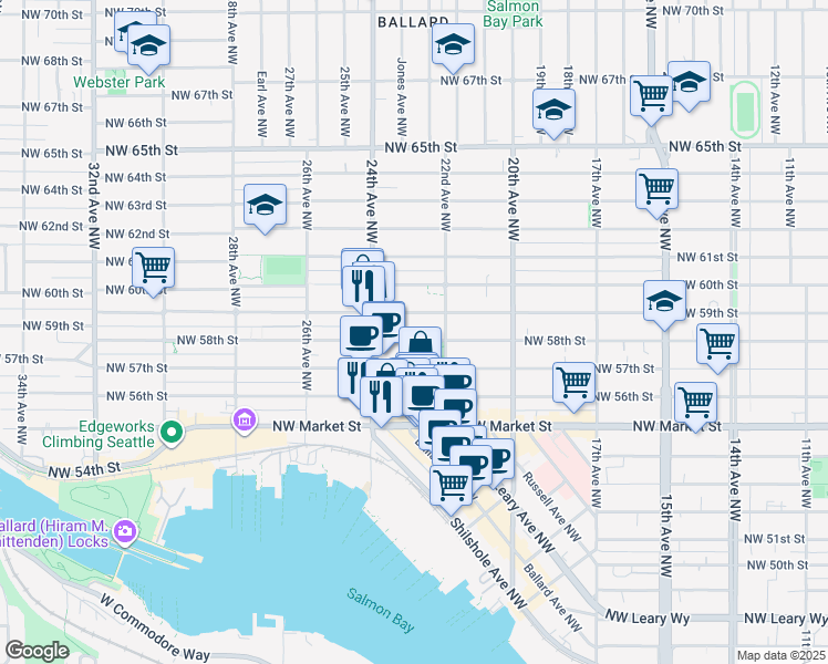 map of restaurants, bars, coffee shops, grocery stores, and more near 2237 Northwest 59th Street in Seattle