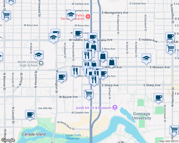 map of restaurants, bars, coffee shops, grocery stores, and more near 1430 North Division Street in Spokane