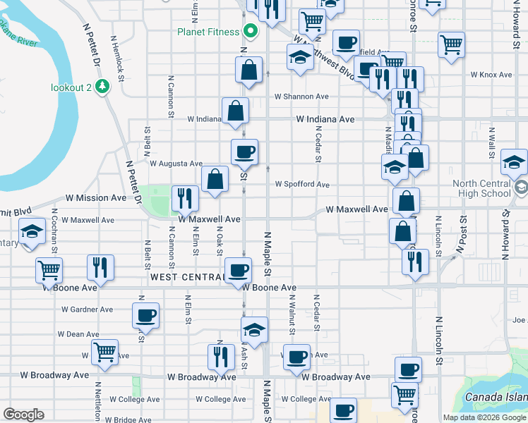 map of restaurants, bars, coffee shops, grocery stores, and more near 1619 West Mission Avenue in Spokane