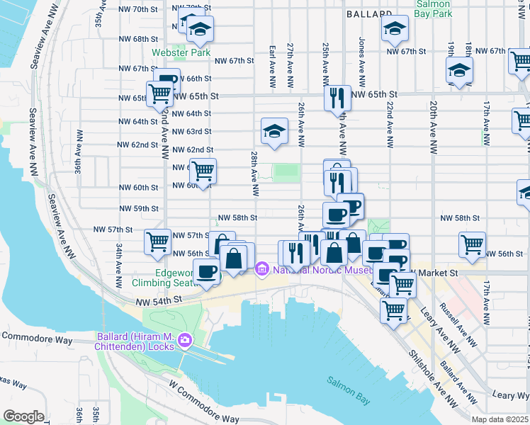 map of restaurants, bars, coffee shops, grocery stores, and more near 2657 Northwest 59th Street in Seattle