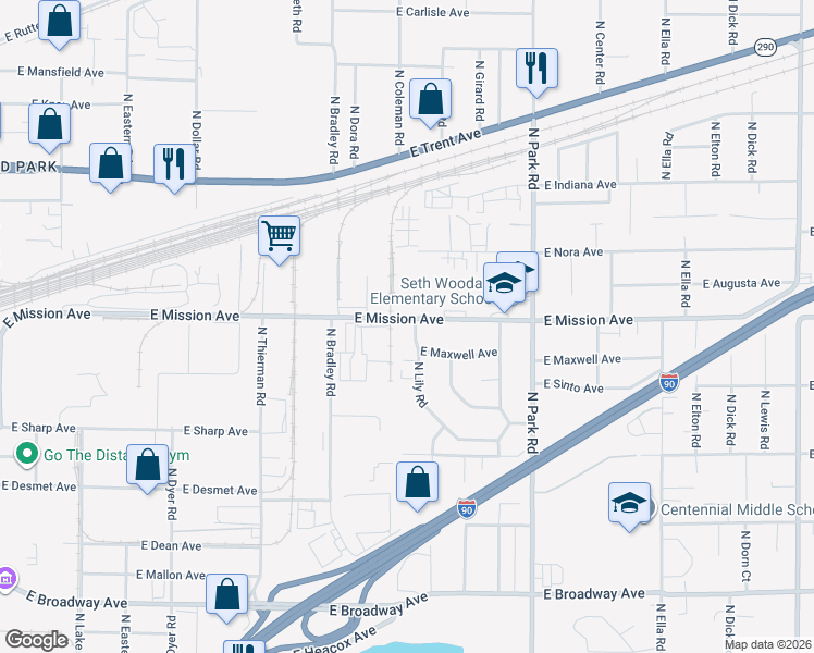 map of restaurants, bars, coffee shops, grocery stores, and more near 1521 North Lily Road in Spokane Valley