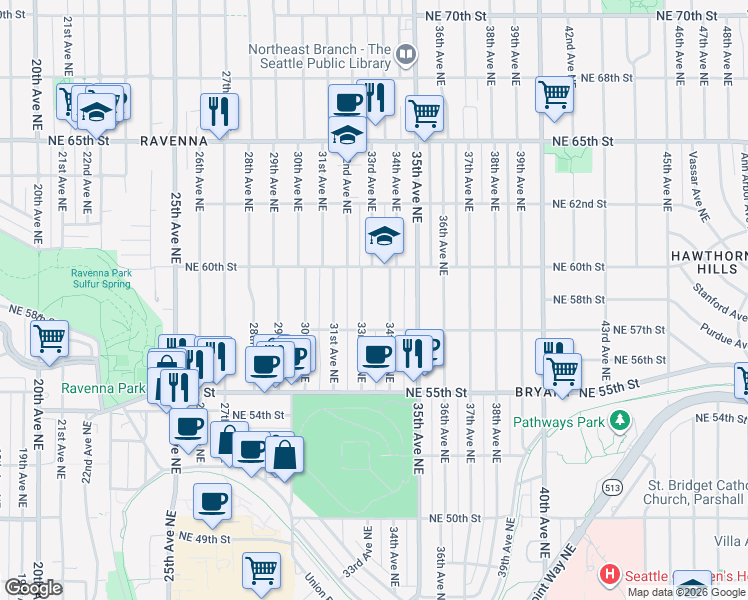 map of restaurants, bars, coffee shops, grocery stores, and more near 3311 Northeast 60th Street in Seattle