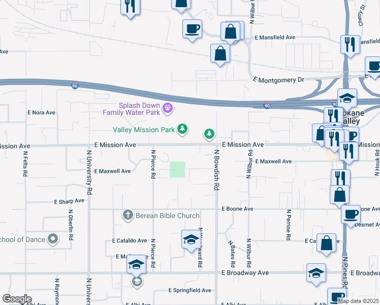 map of restaurants, bars, coffee shops, grocery stores, and more near 11123 East Mission Avenue in Spokane Valley