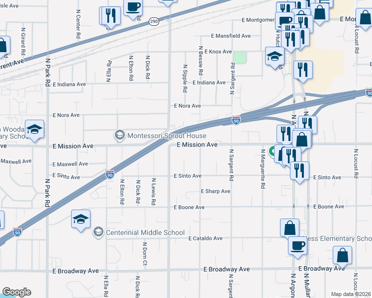 map of restaurants, bars, coffee shops, grocery stores, and more near 8315 East Mission Avenue in Spokane Valley