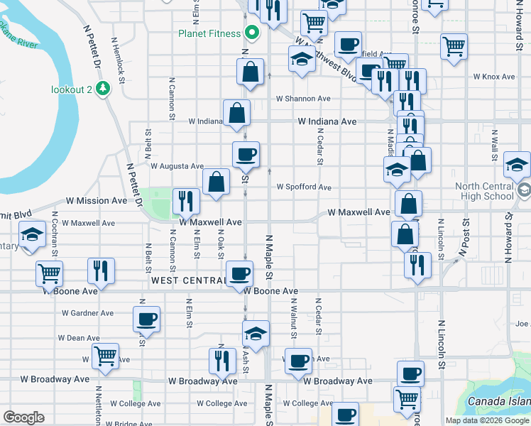 map of restaurants, bars, coffee shops, grocery stores, and more near 1619 West Mission Avenue in Spokane
