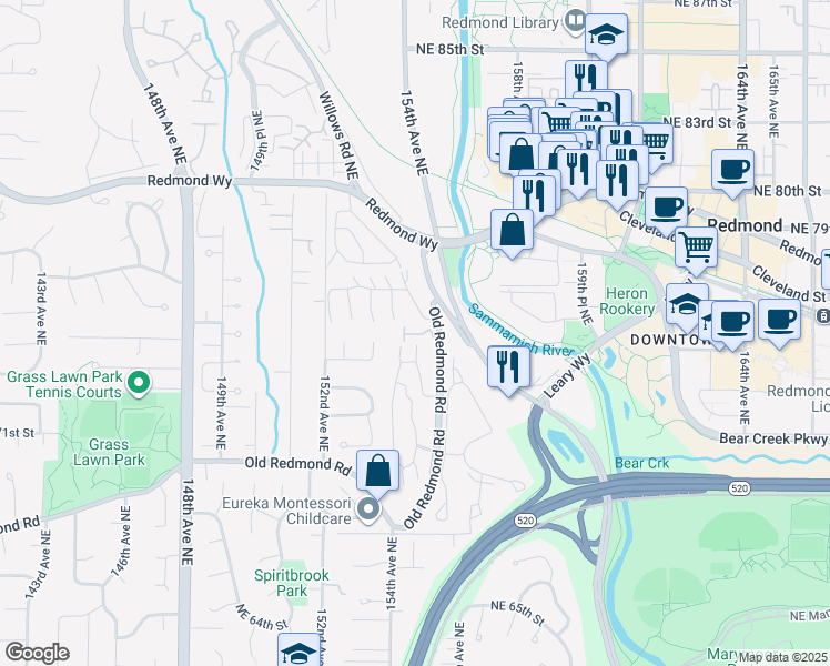 map of restaurants, bars, coffee shops, grocery stores, and more near 7479 Old Redmond Road in Redmond