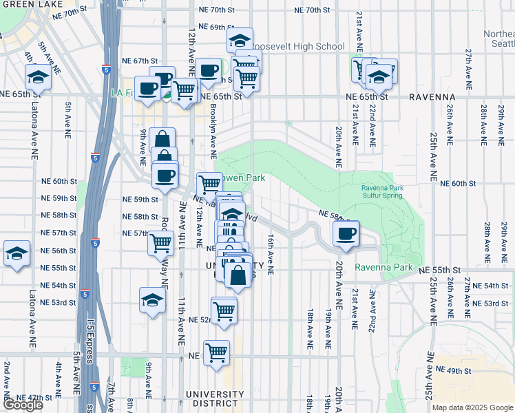 map of restaurants, bars, coffee shops, grocery stores, and more near 5720 15th Avenue Northeast in Seattle