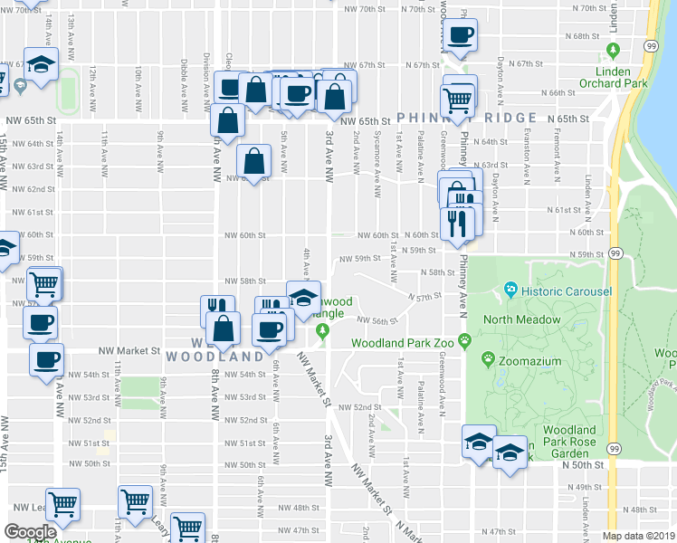 map of restaurants, bars, coffee shops, grocery stores, and more near 5821 3rd Avenue Northwest in Seattle