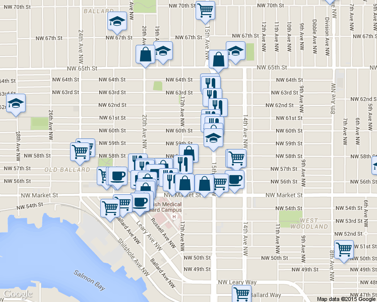map of restaurants, bars, coffee shops, grocery stores, and more near 1705 Northwest 59th Street in Seattle