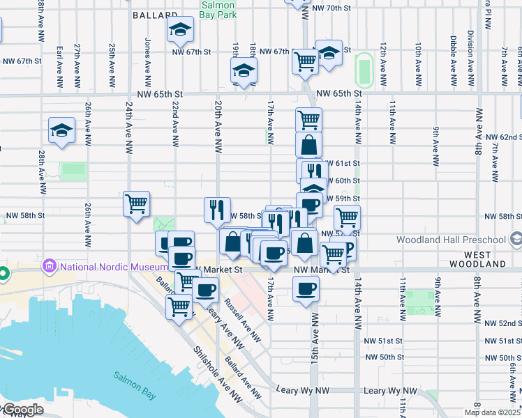 map of restaurants, bars, coffee shops, grocery stores, and more near 1705 Northwest 59th Street in Seattle