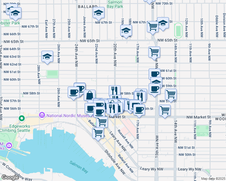 map of restaurants, bars, coffee shops, grocery stores, and more near 1771 Northwest 59th Street in Seattle