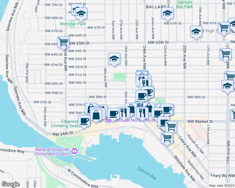 map of restaurants, bars, coffee shops, grocery stores, and more near 2617 Northwest 59th Street in Seattle