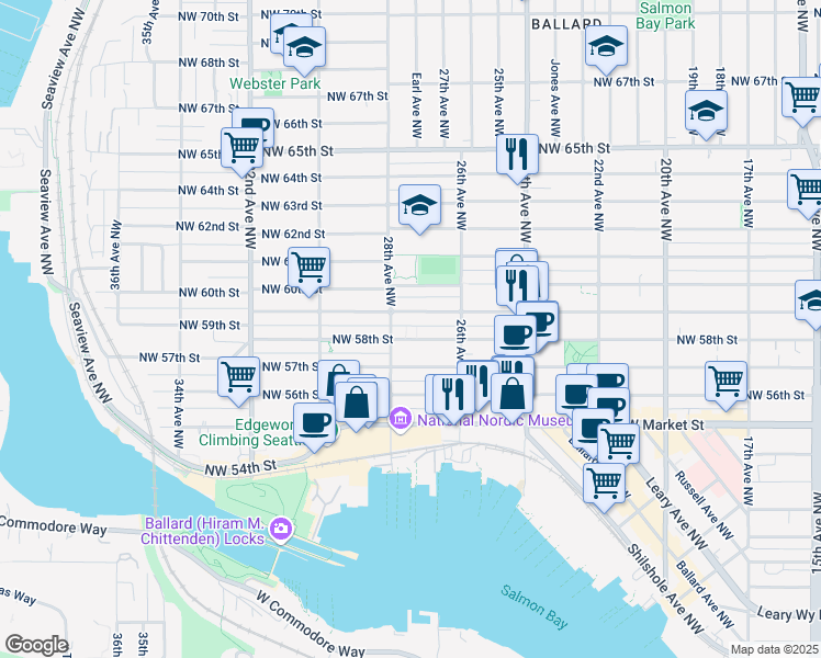 map of restaurants, bars, coffee shops, grocery stores, and more near 2657 Northwest 59th Street in Seattle