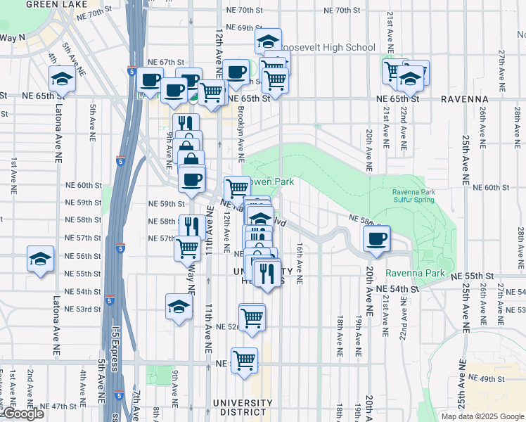 map of restaurants, bars, coffee shops, grocery stores, and more near 6801 University Way in Seattle