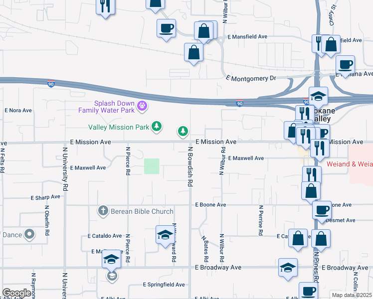 map of restaurants, bars, coffee shops, grocery stores, and more near in Spokane Valley