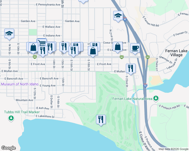 map of restaurants, bars, coffee shops, grocery stores, and more near 1804 East Mullan Avenue in Coeur d'Alene