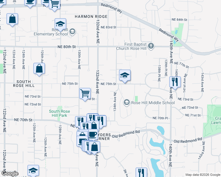 map of restaurants, bars, coffee shops, grocery stores, and more near 13327 Northeast 75th Street in Redmond