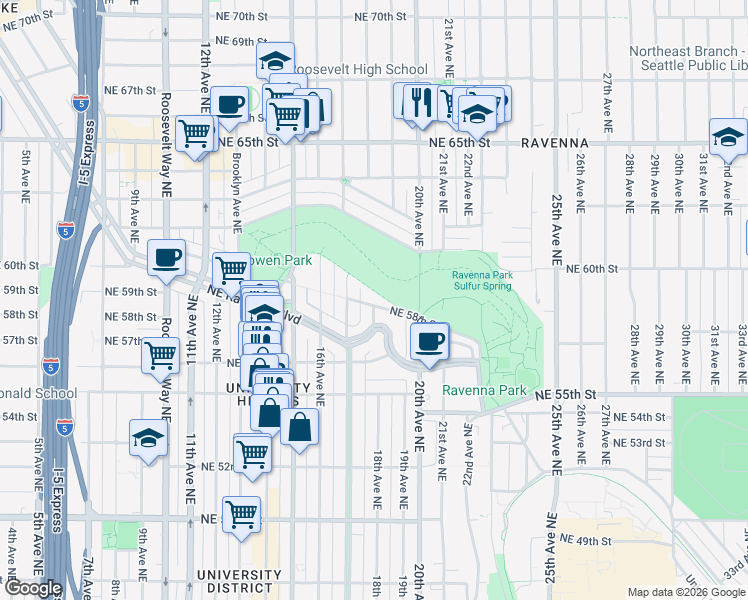 map of restaurants, bars, coffee shops, grocery stores, and more near 1726 Northeast 58th Street in Seattle