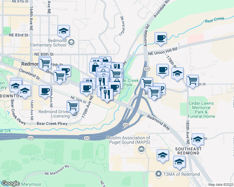 map of restaurants, bars, coffee shops, grocery stores, and more near 17258 Redmond Way in Redmond